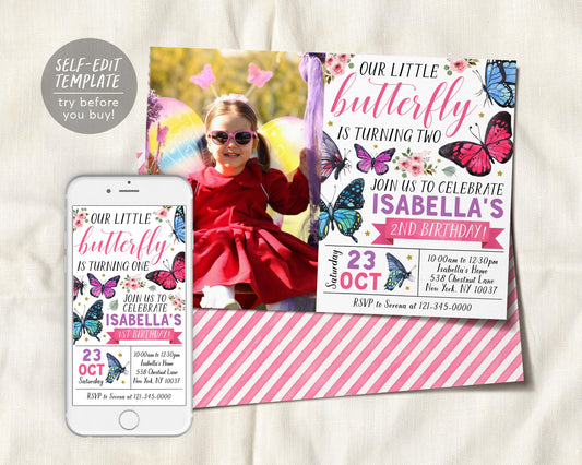 Little Butterfly Birthday Invitation With Photo Editable Template