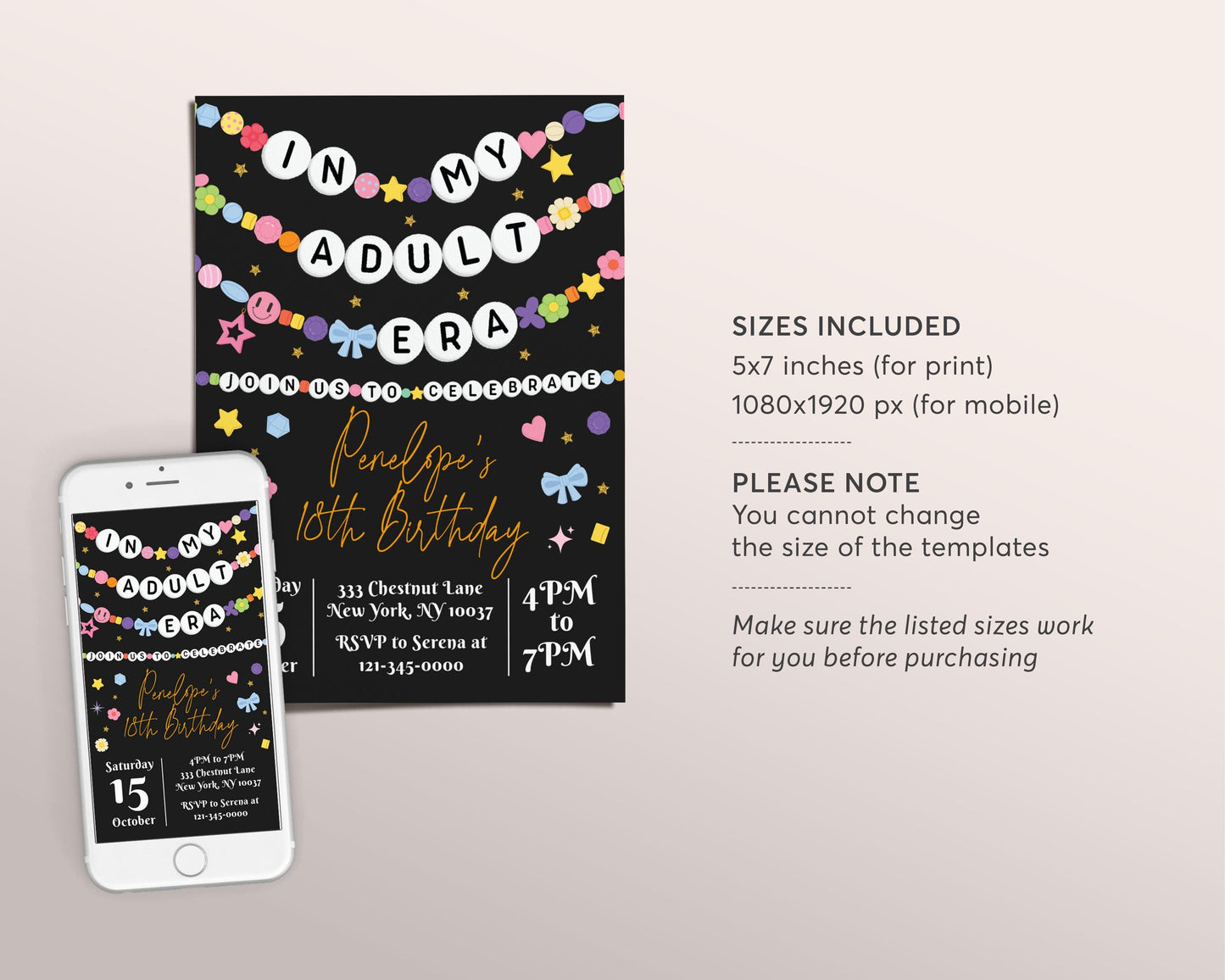 In My Adult Era Invitation Editable Template, Friendship Bracelet Party Invite, Eighteen 18th Birthday Girl Eras Music Black And Gold Evite