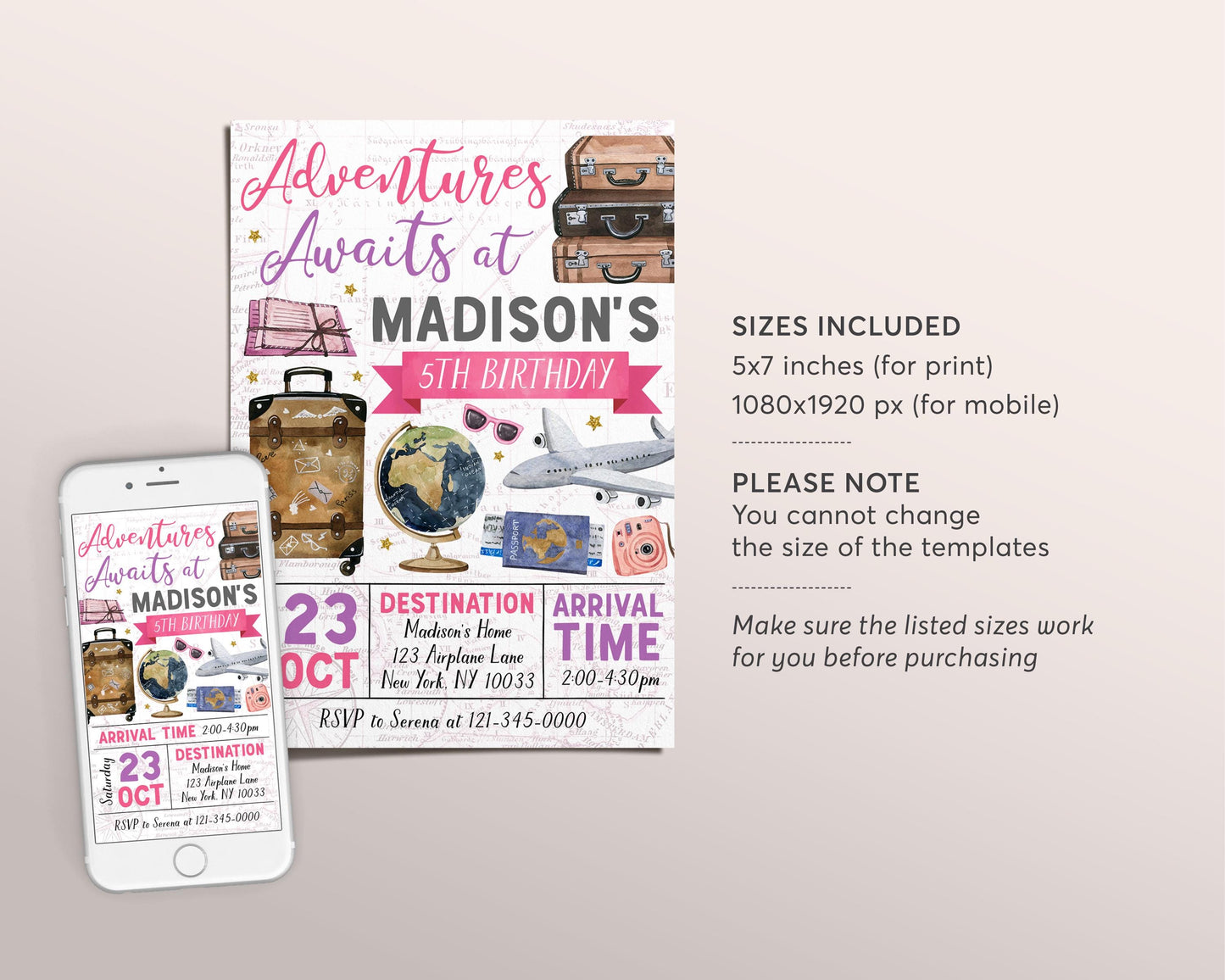 Adventure Awaits Travel Birthday Invitation Editable Template, Pink Around the World Party Invite, Vintage Map Passport Plane Globe Evite