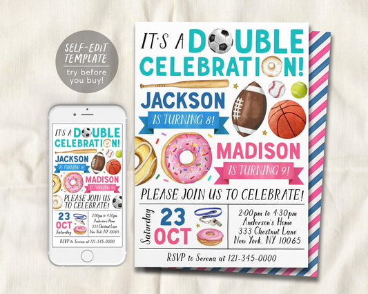 Donuts And Sports Joint Siblings Birthday Invitation Editable Template