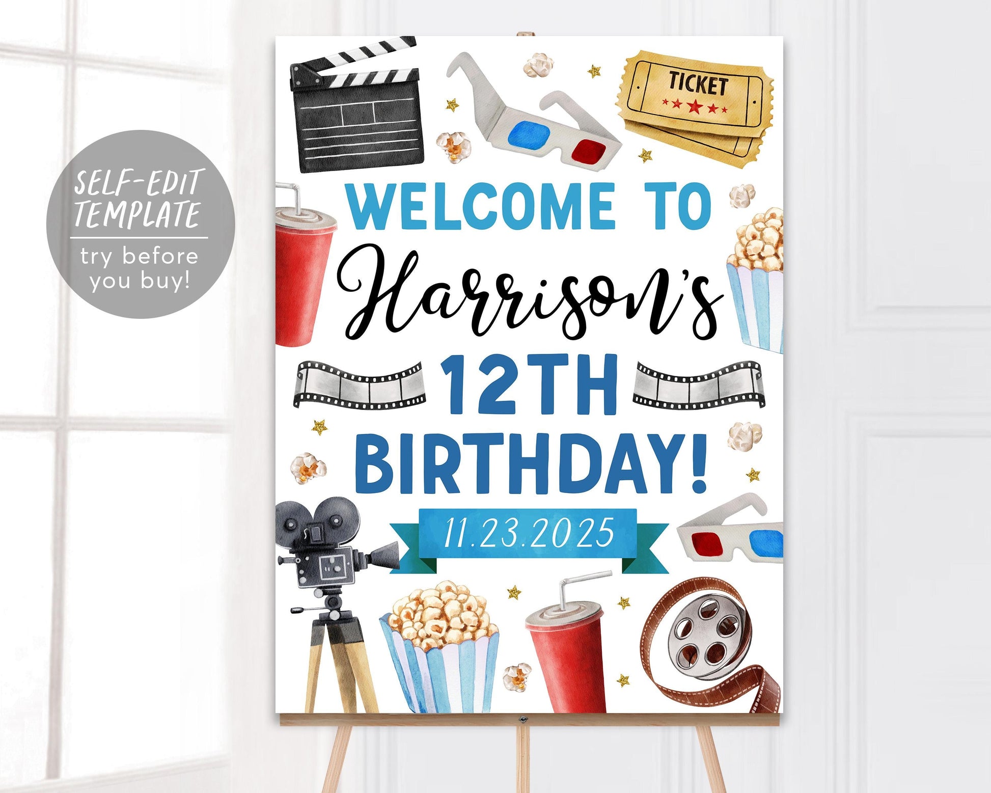 Movie Night Birthday Welcome Sign Editable Template