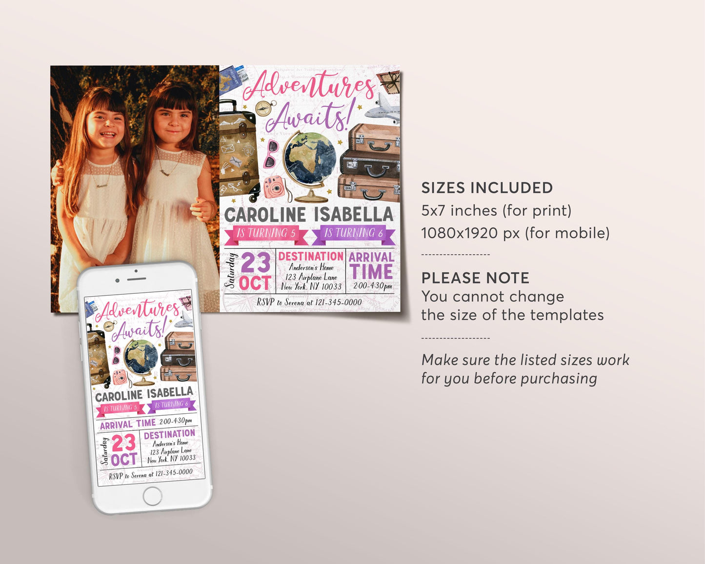 Adventure Awaits Travel Joint Siblings Birthday Invitation With Photo Editable Template, Twin Girls Around the World Party Invite Map Evite