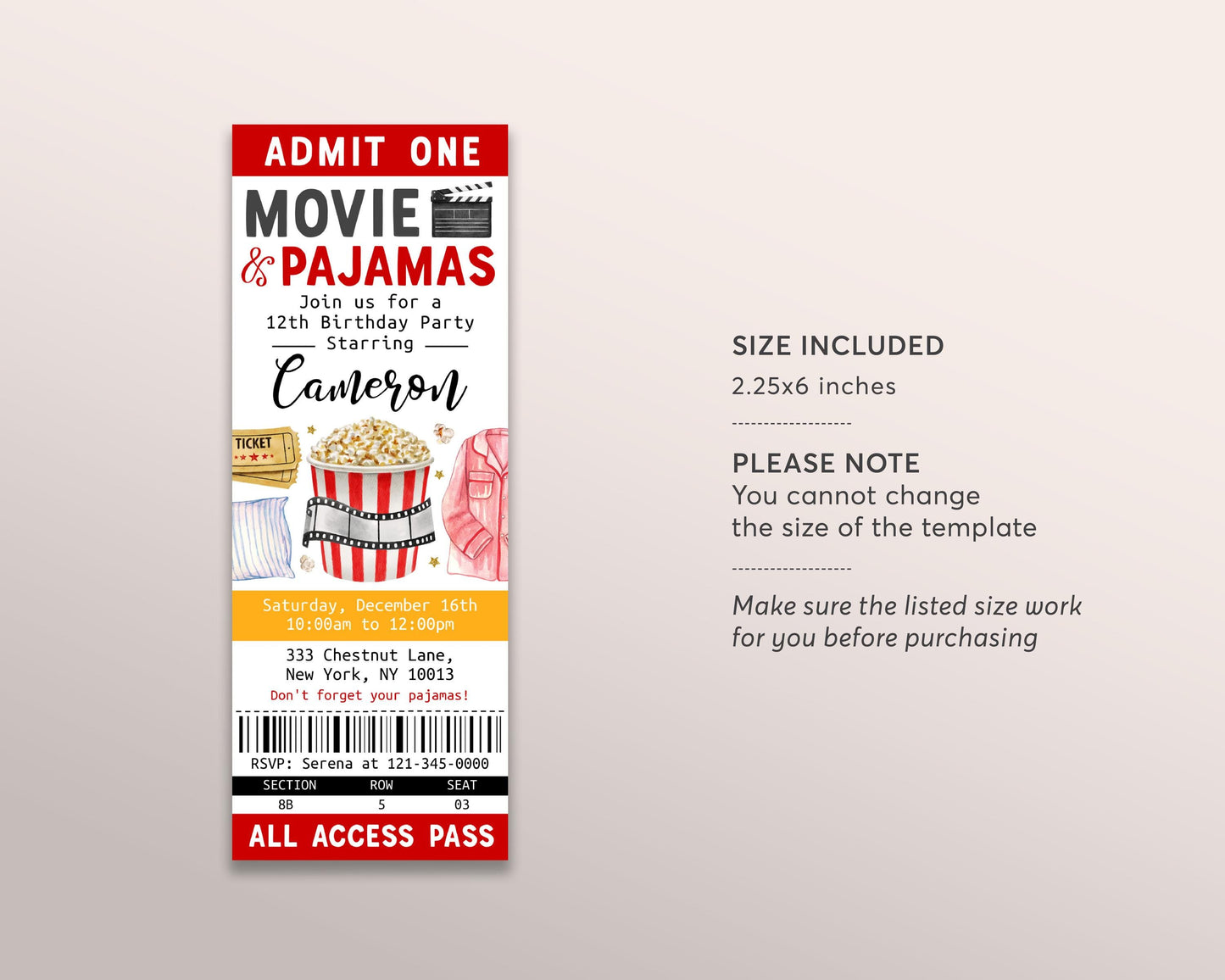 Movie and Pajamas Birthday Ticket Invitation Editable Template, Unisex Kid Slumber Party Popcorn Cinema Movie Ticket Stub Party Invite Evite
