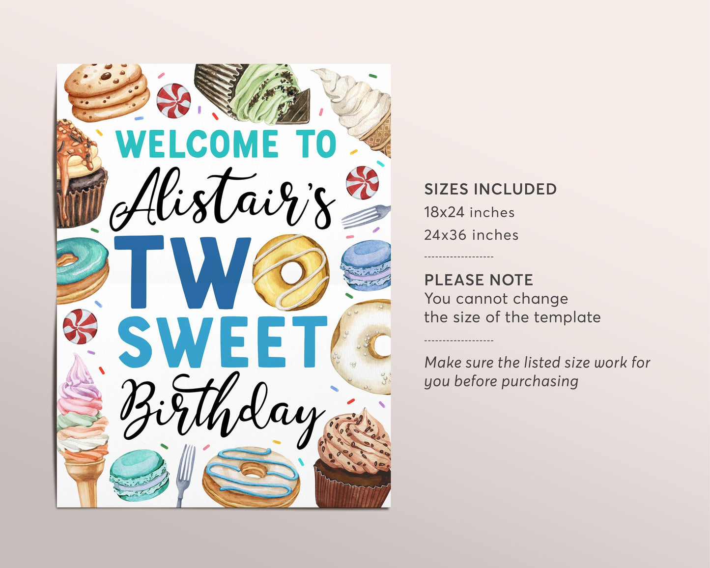 Two Sweet Birthday Welcome Sign Editable Template, Boy Donut 2nd Birthday Party Poster, Two Year Cupcakes Candy Sweets Dessert Ice Cream