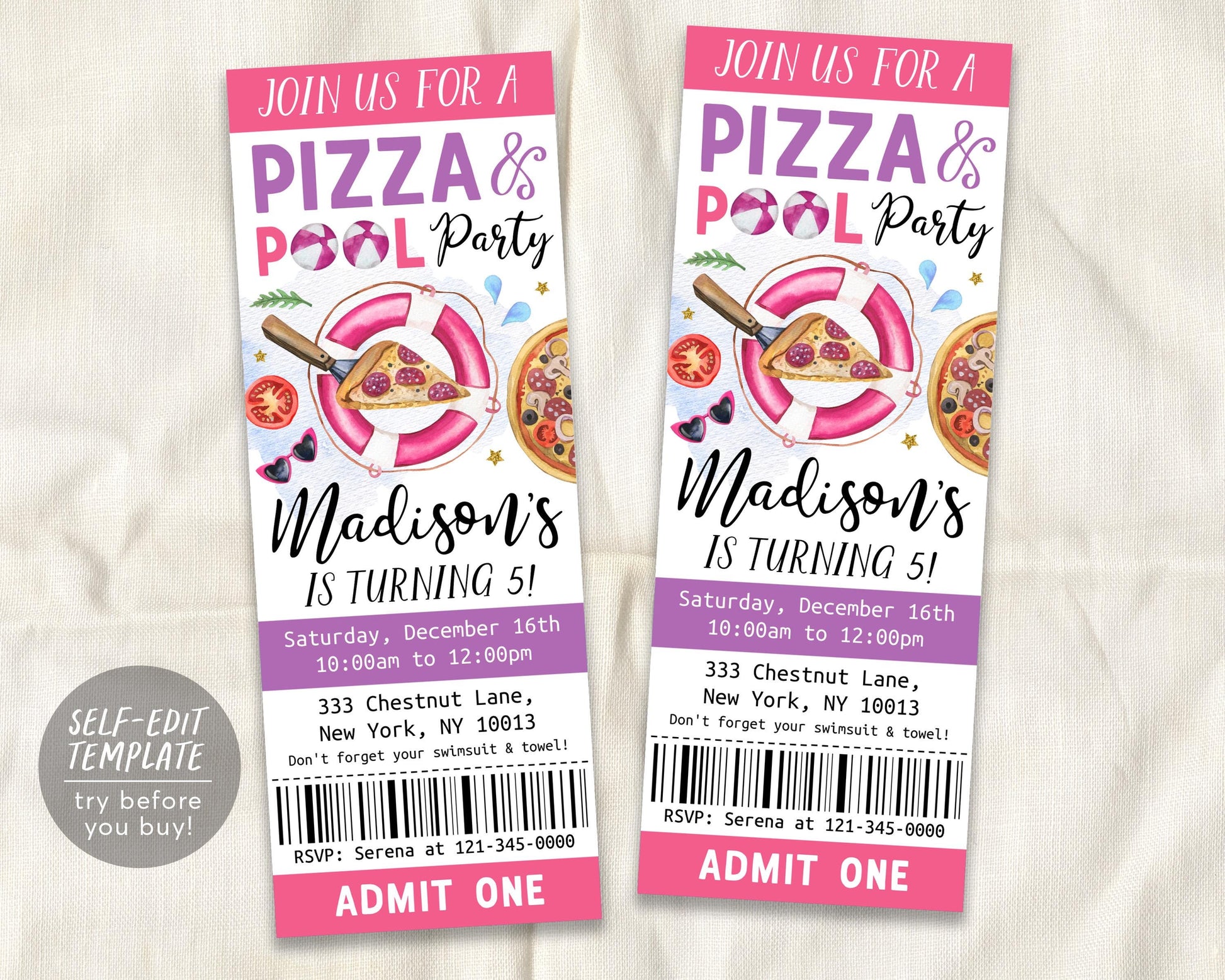 Pizza Pool Party Birthday Ticket Invitation Editable Template