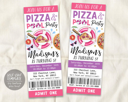 Pizza Pool Party Birthday Ticket Invitation Editable Template