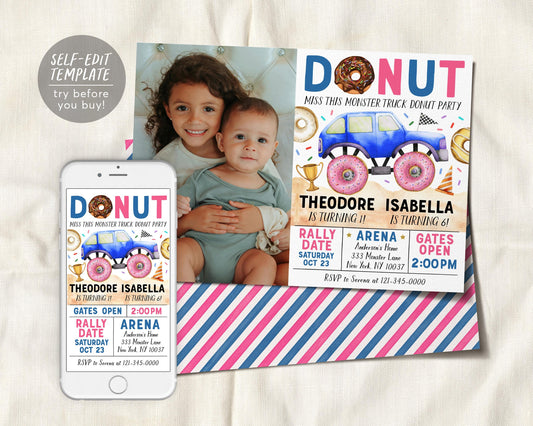 Monster Truck And Donuts Joint Siblings Birthday Invitation With Photo Editable Template