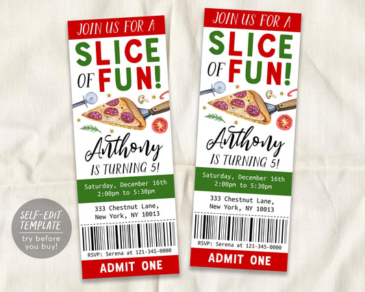 Pizza Birthday Ticket Invitation Editable Template