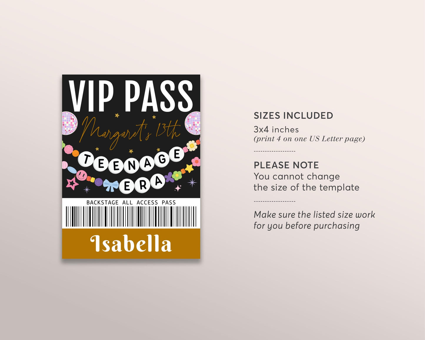 Teenage Era VIP Pass Editable Template, Eras Friendship Bracelet Music Party VIP Badge Teen Thirteen 13th Black VIP Insert for Lanyard Favor