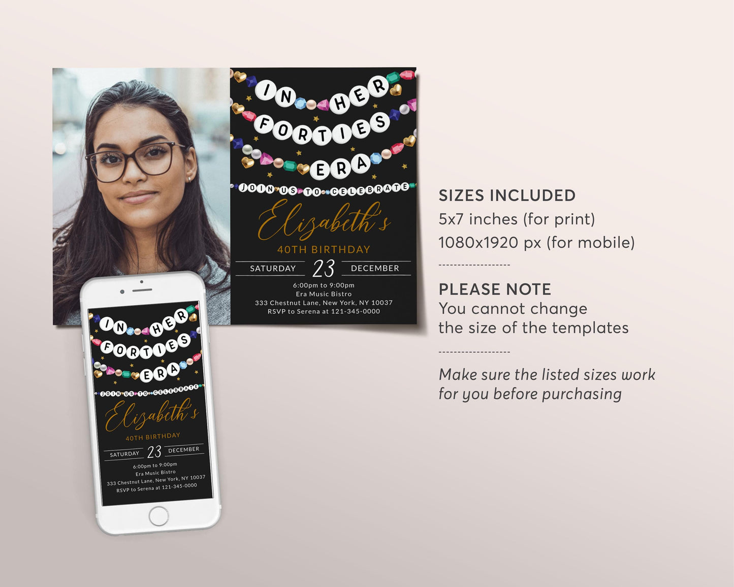 In My Forties Era Invitation With Photo Editable Template, Friendship Bracelet Party Invite, 40th Birthday Girl Eras Music Black Gold Evite