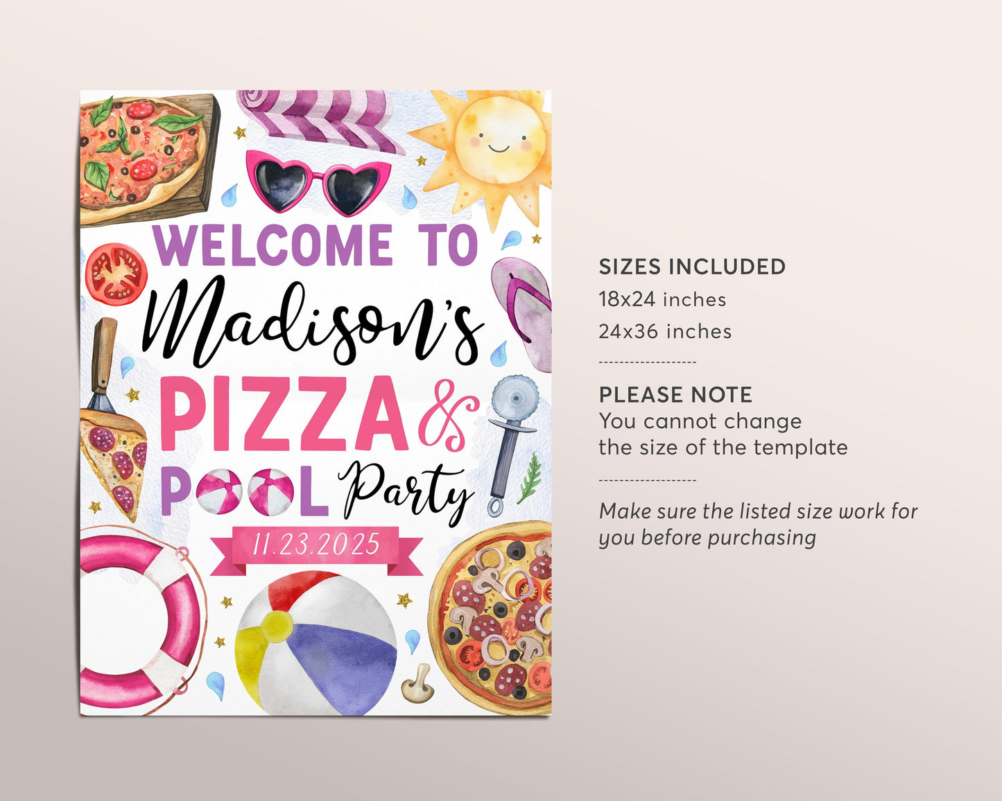 Pizza Pool Party Welcome Sign Editable Template, Girl Summer Swimming Pool Pizza Birthday Party Bash Poster, Splish Splash Welcome Decor