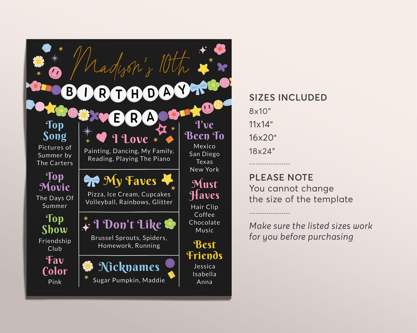 In My Birthday Era Milestone Sign Editable Template, Girl Eras Friendship Bracelet Birthday Party Poster, Swift Stats Memory Board Black