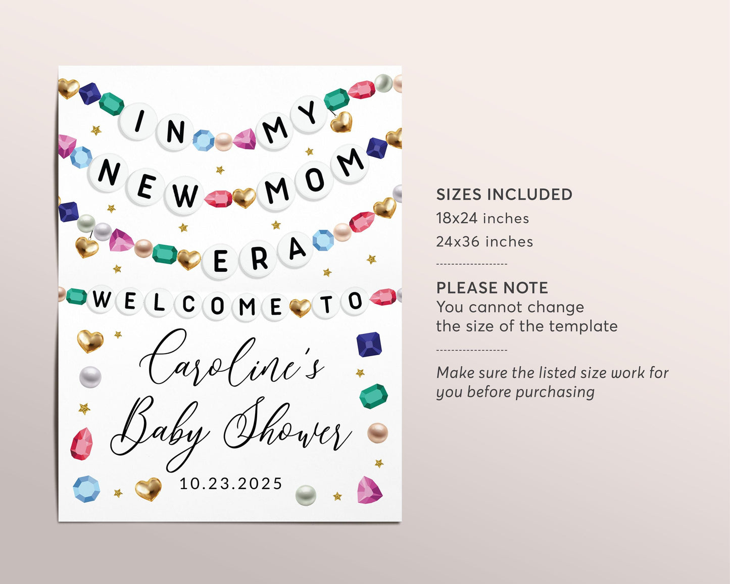 In My New Mom Era Baby Shower Welcome Sign Editable Template, Friendship Bracelet Baby Sprinkle Party Poster, Eras Mom To Be Party Gem Board