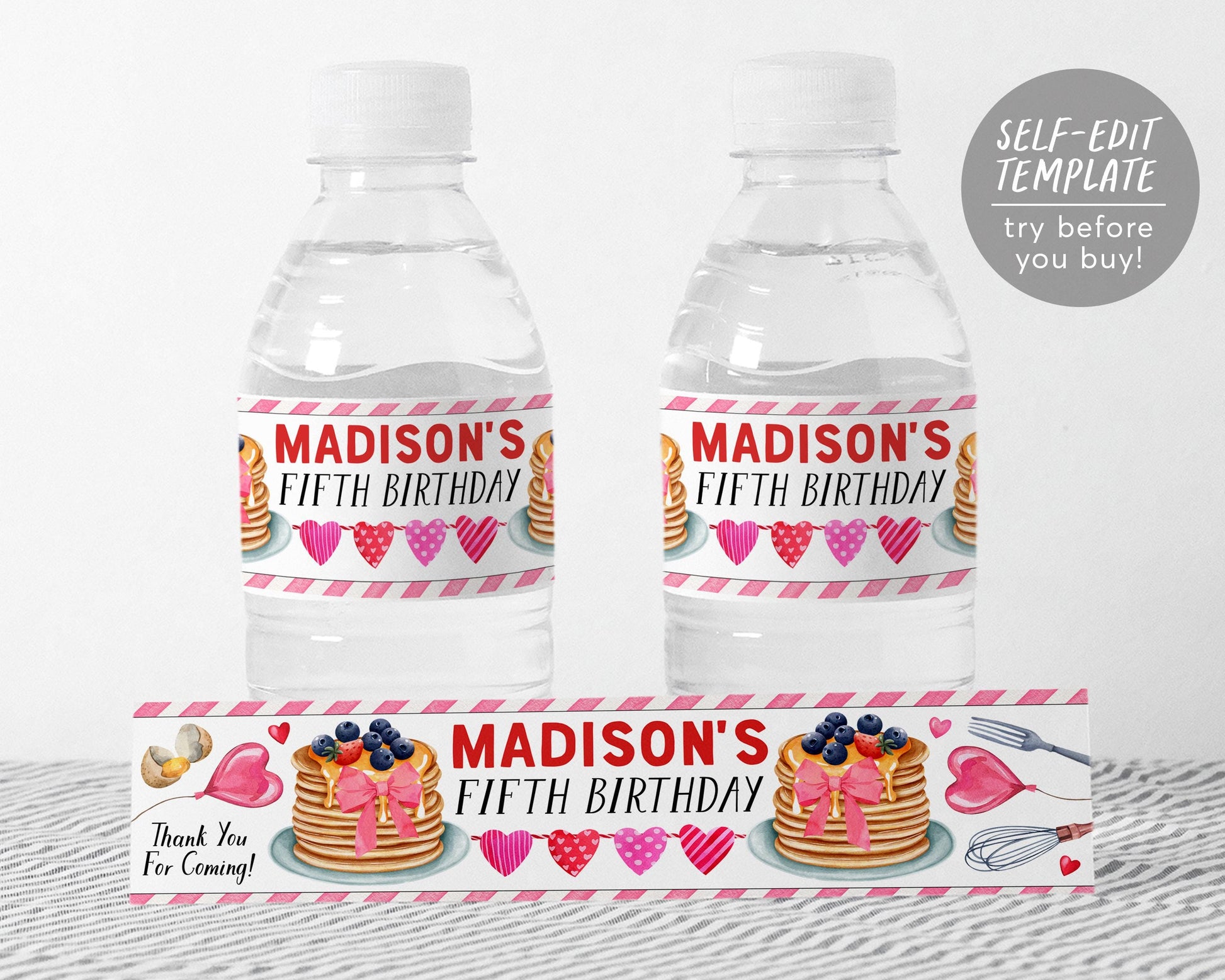 Pancakes and Pajamas Valentine Water Bottle Labels Editable Template