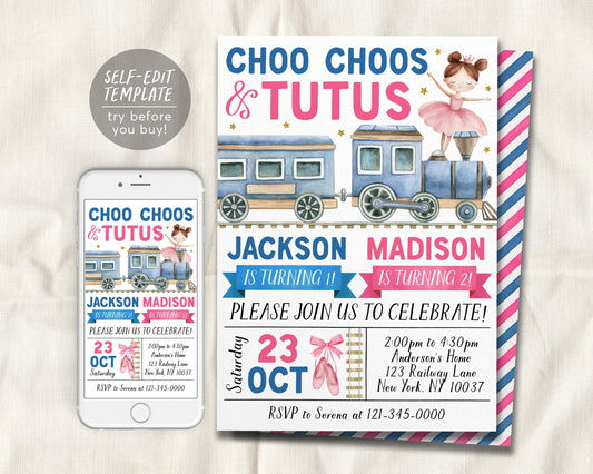 Choo Choos and Tutus Joint Siblings Birthday Invitation Editable Template