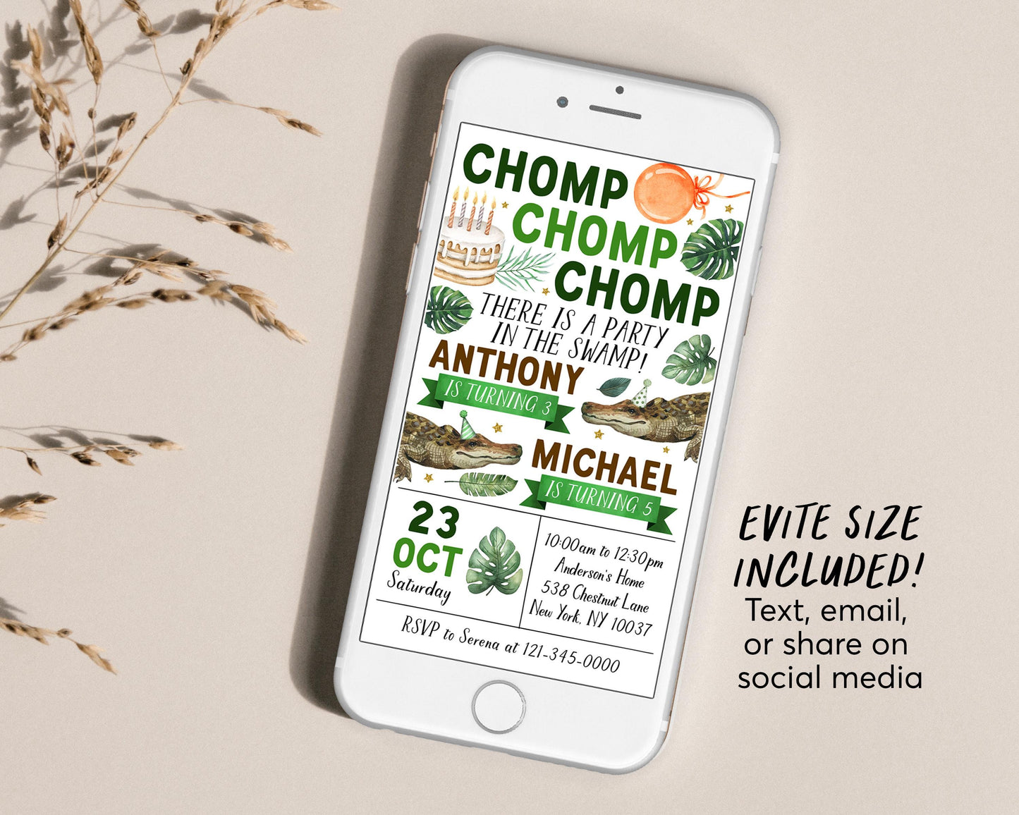Crocodile Joint Siblings Birthday Invitation With Photo Editable Template, Twins Chomp Chomp Party Invite, Alligator Swamp Pond Nature Evite