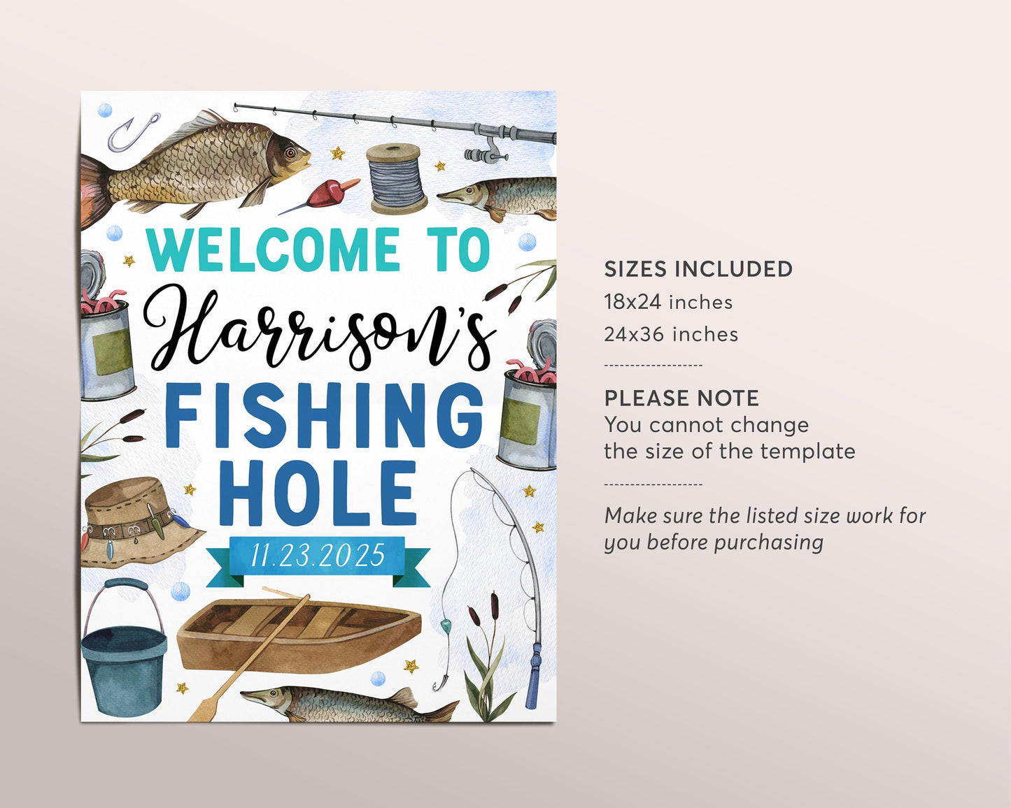 Fishing Birthday Welcome Sign Editable Template, Boy Fishing Hole O Fish Ally Party Poster, Fish Party Fishing Fisherman Reel Banner Decor