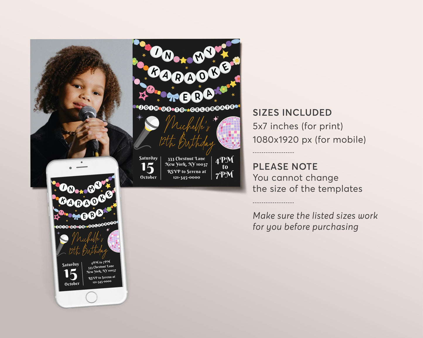 In My Karaoke Era Invitation With Photo Editable Template, Friendship Bracelet Party Invite, Birthday Girl Eras Music Black Gold Party Evite