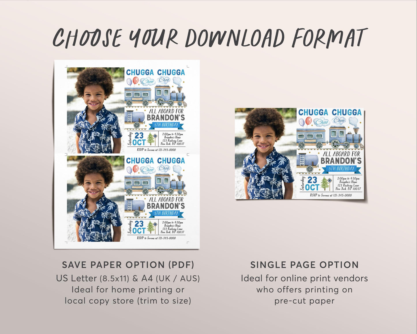 Train Birthday Invitation With Photo Editable Template, Boy Chugga Choo Train Boarding Pass Party Invite, All Aboard Birthday Express Evite