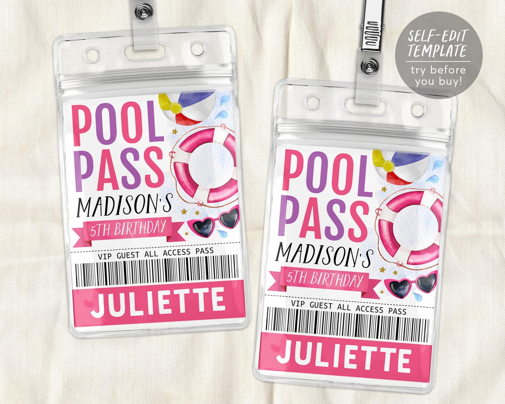 Pool Party Birthday VIP Pass Editable Template