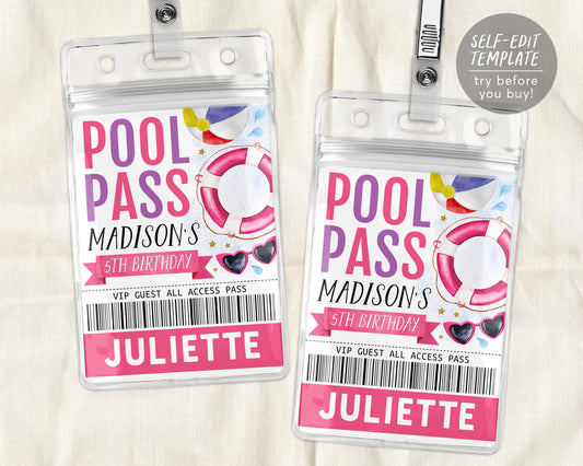 Pool Party Birthday VIP Pass Editable Template