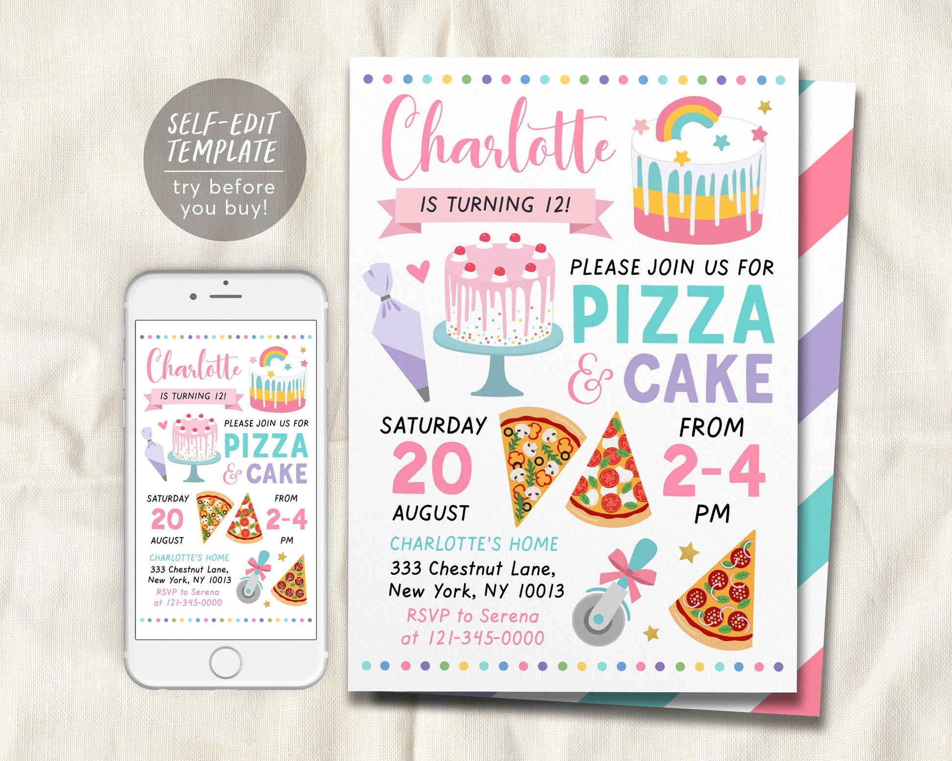 Pizza and Cake Birthday Party Invitation Editable Template