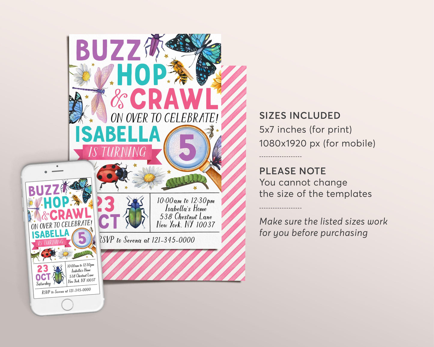 Insect Bugs Birthday Invitation Editable Template, Girl Buzz Hop Crawl Party Invite, Kids Butterfly Dragonfly Ladybug Bug Hunt Garden Evite