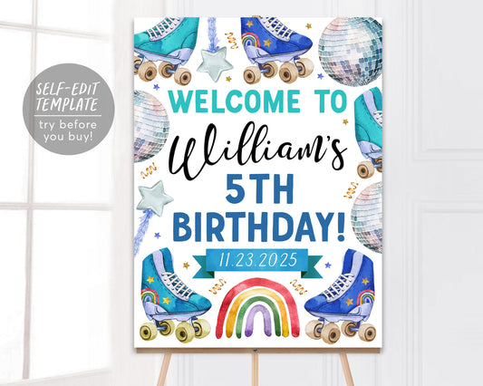 Roller Skating Birthday Welcome Sign Editable Template