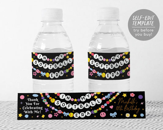 In My Softball Era Water Bottle Labels Editable Template