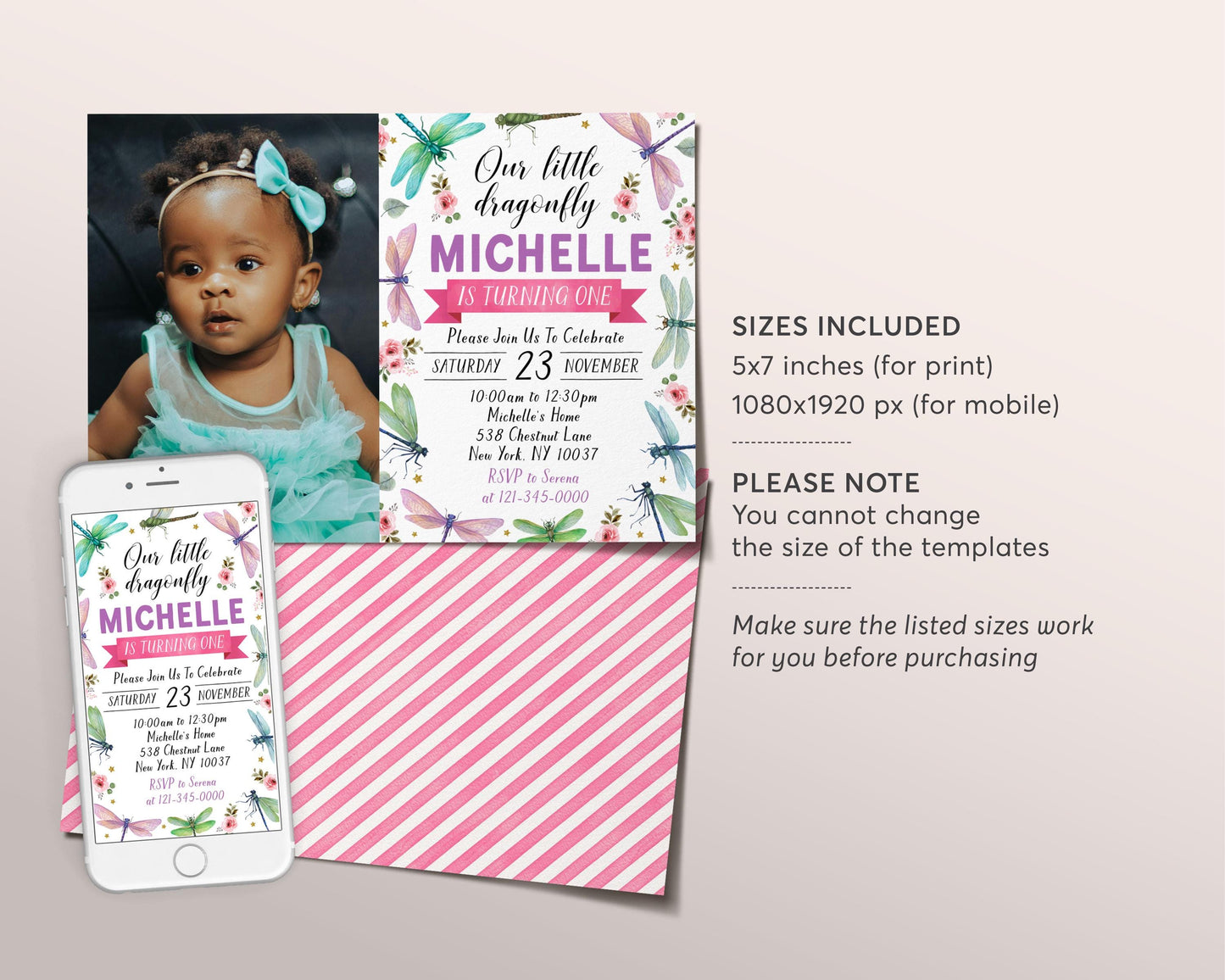 Dragonfly Birthday Invitation With Photo Editable Template, Girl Little Dragonfly Floral Party Invite, Garden Party Bug Insects Nature Evite