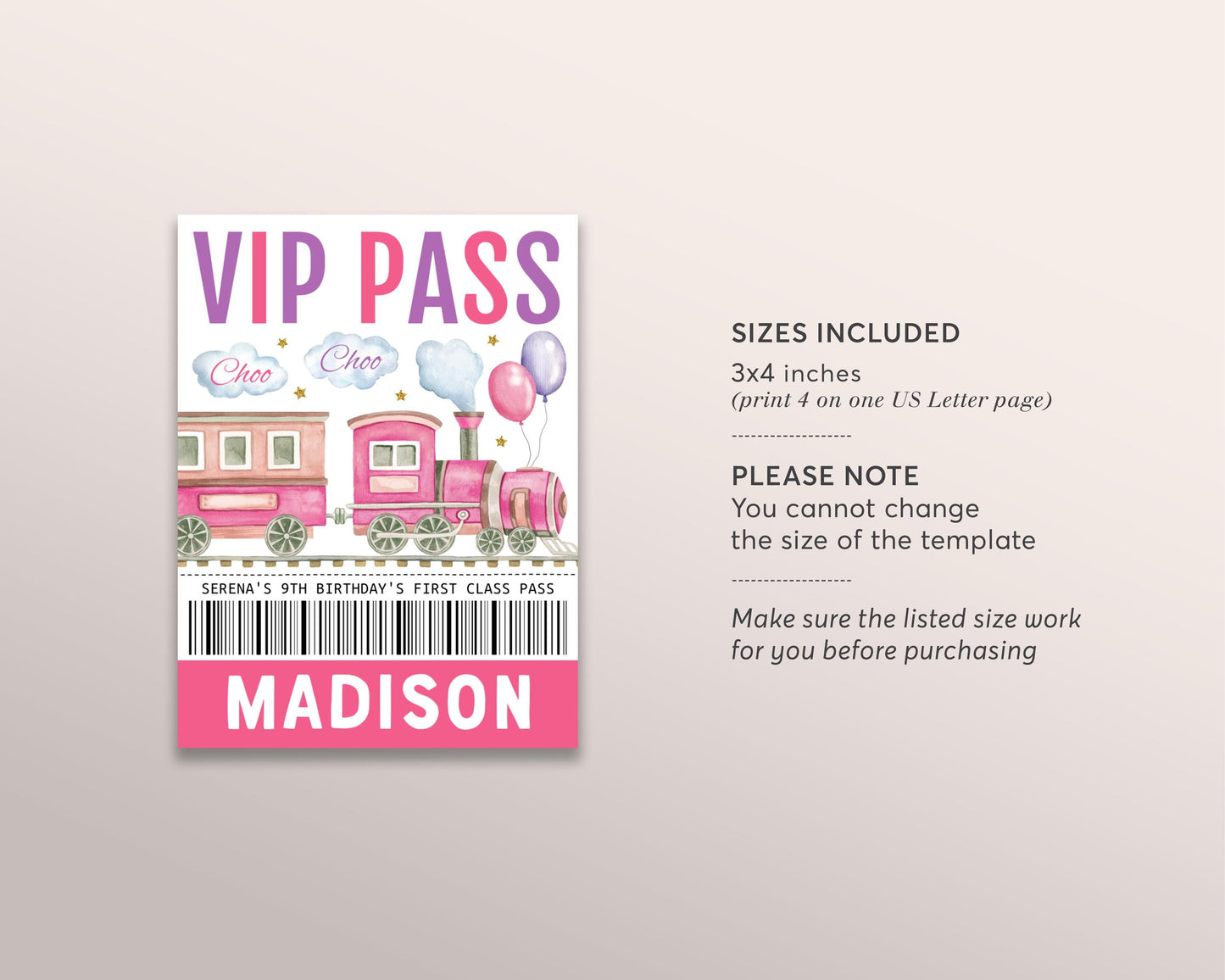 Train Birthday VIP Pass Editable Template, Girl Train Party Pit Crew Party, First Class All Access Guest Name Tag Insert ID Badge Lanyard