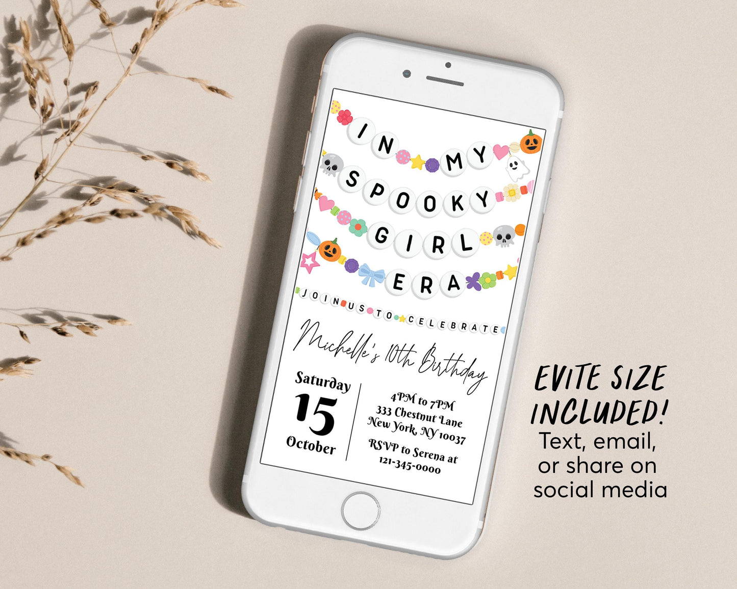 In My Spooky Girl Era Birthday Invitation With Photo Editable Template, Halloween Ghost Friendship Bracelet Party Invite, Spooky Era Evite