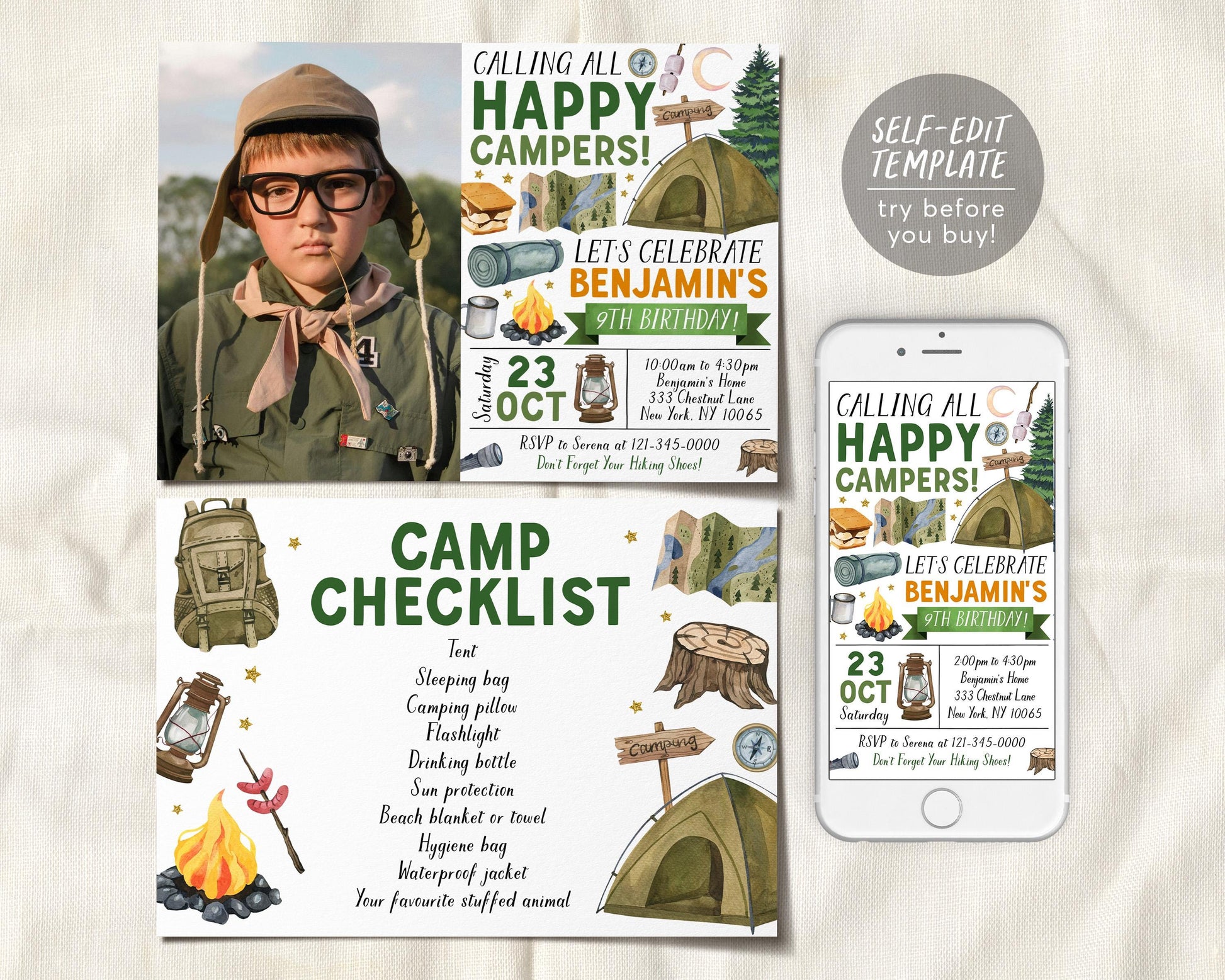 Camping Birthday Invitation Editable Template