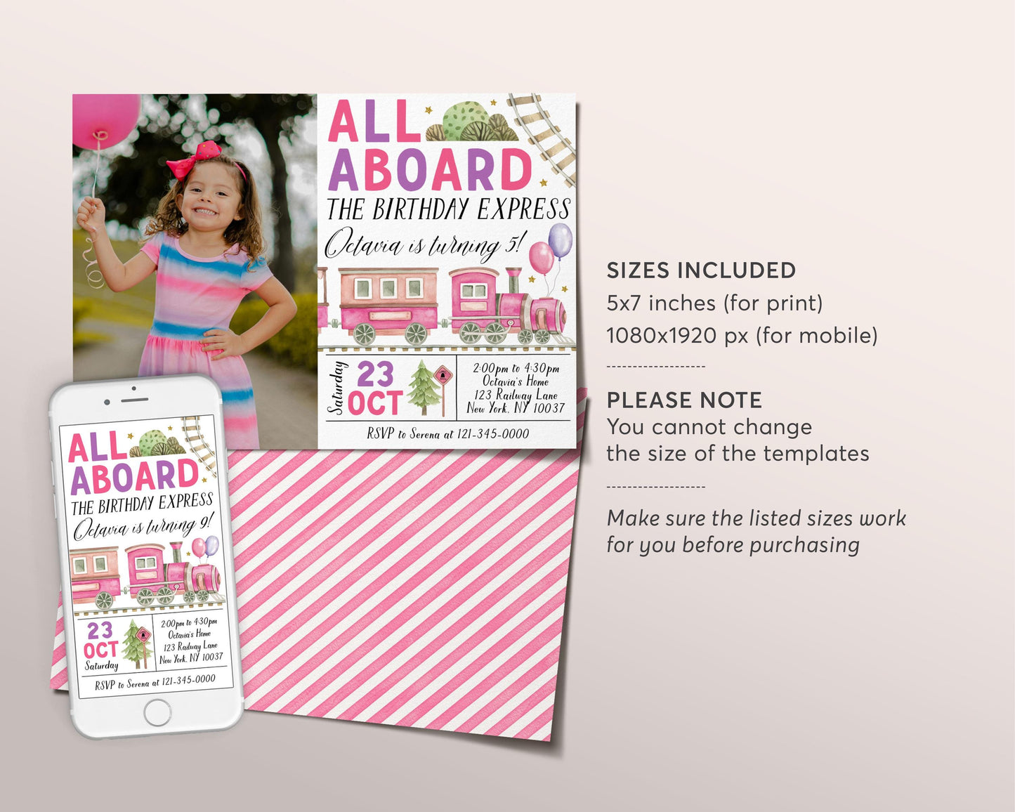 Train Birthday Invitation With Photo Editable Template, Girl Train Boarding Pass Party Invite, All Aboard The Birthday Express Travel Evite