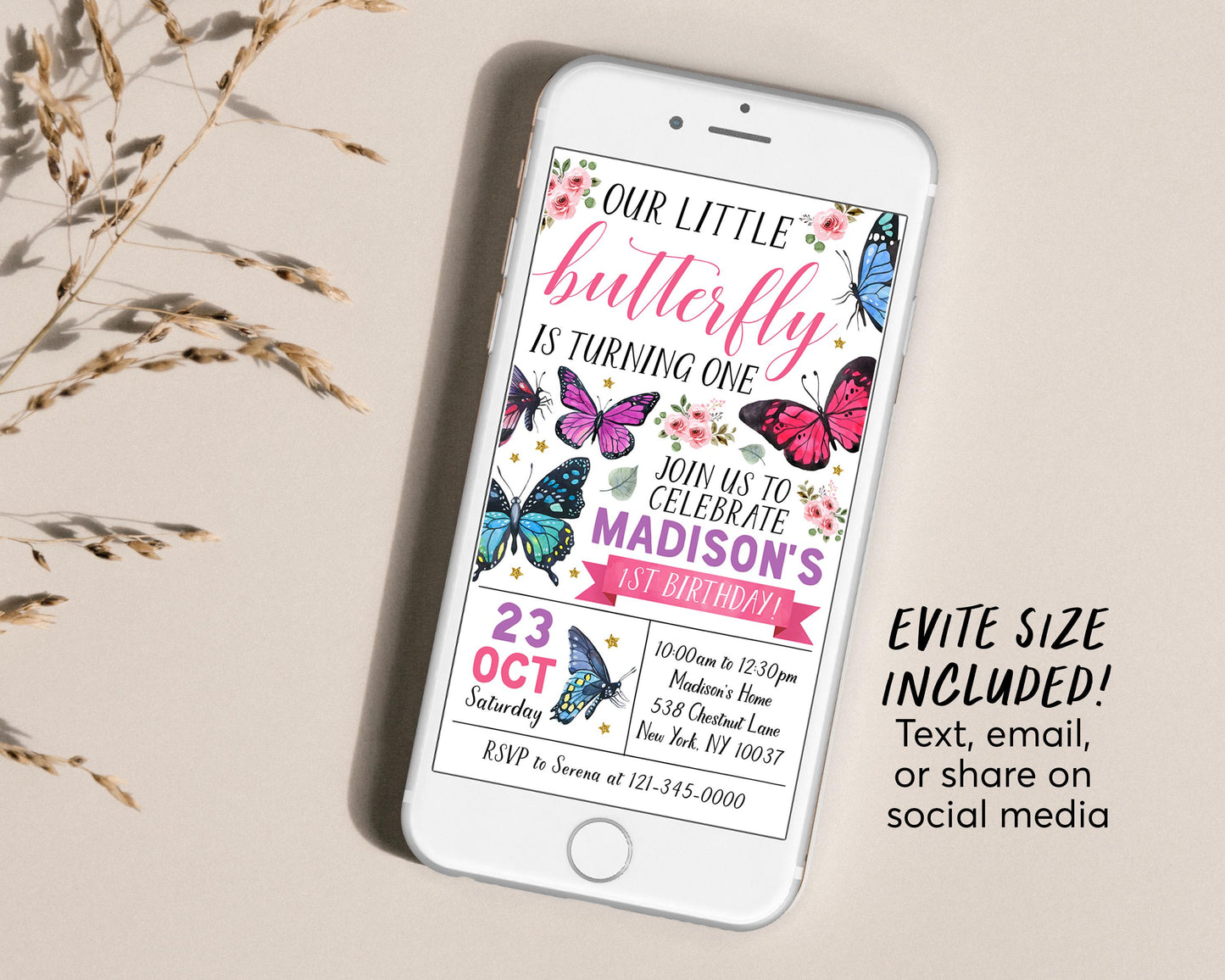 Little Butterfly Birthday Invitation Editable Template, Girl Floral Butterflies Party Invite, Kids Butterfly Garden Nature Evite Printable