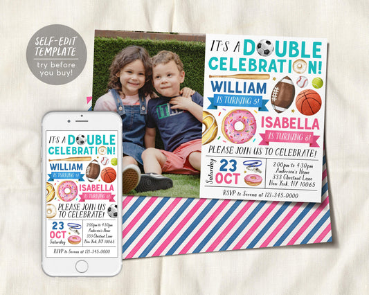 Donuts And Sports Joint Siblings Birthday Invitation With Photo Editable Template
