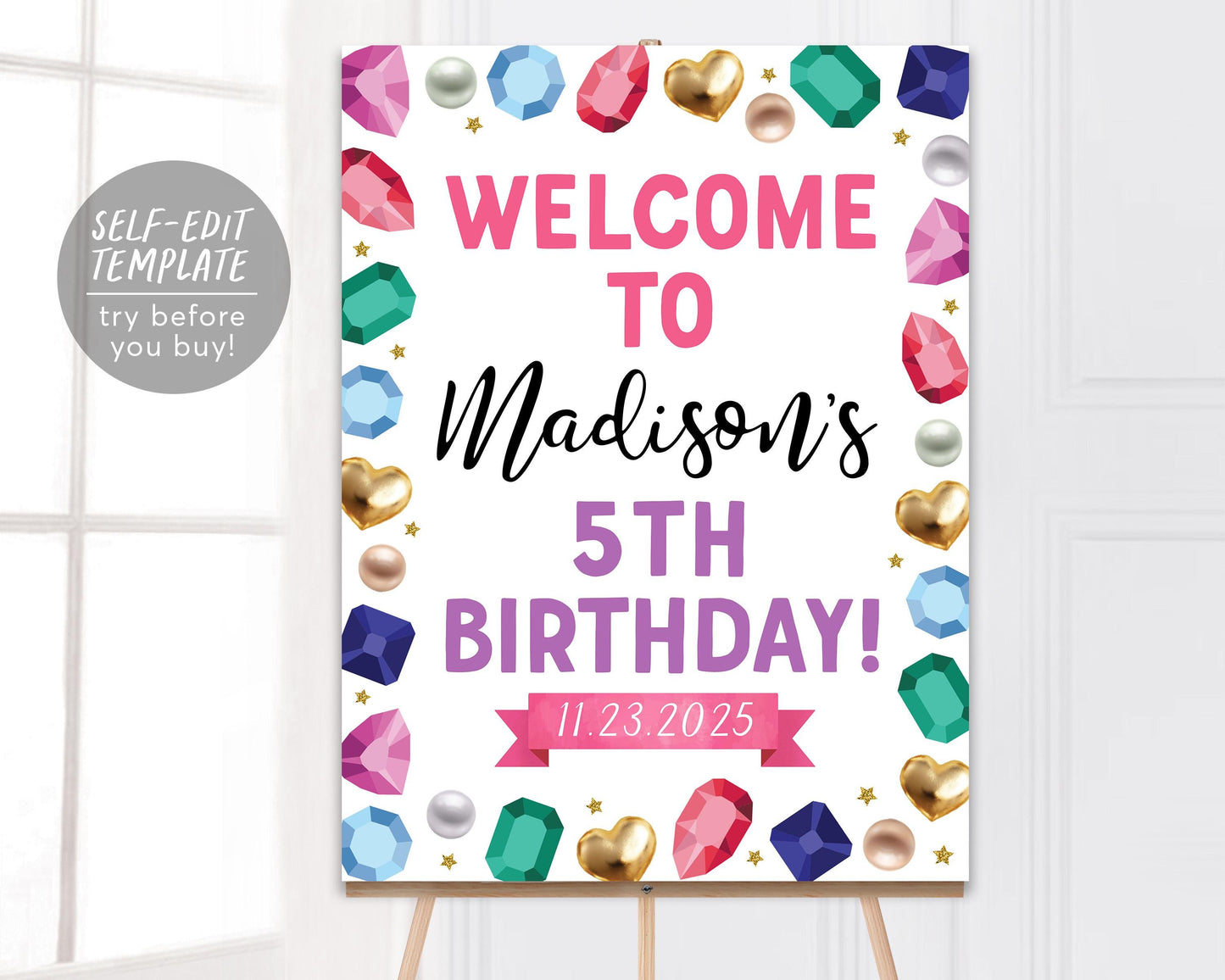 Gems Birthday Welcome Sign Editable Template