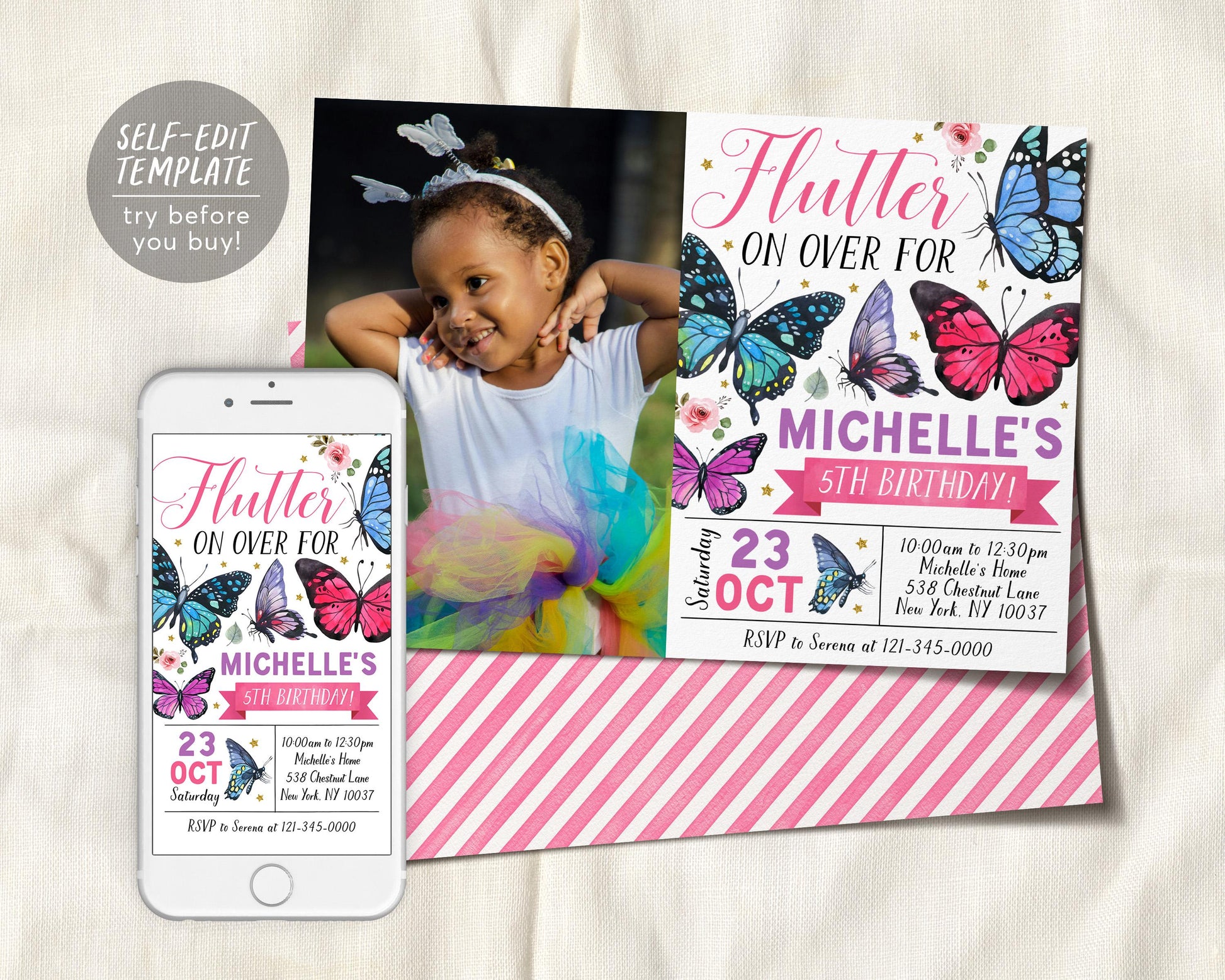 Butterfly Birthday Invitation With Photo Editable Template