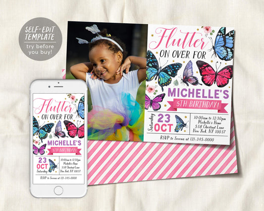 Butterfly Birthday Invitation With Photo Editable Template