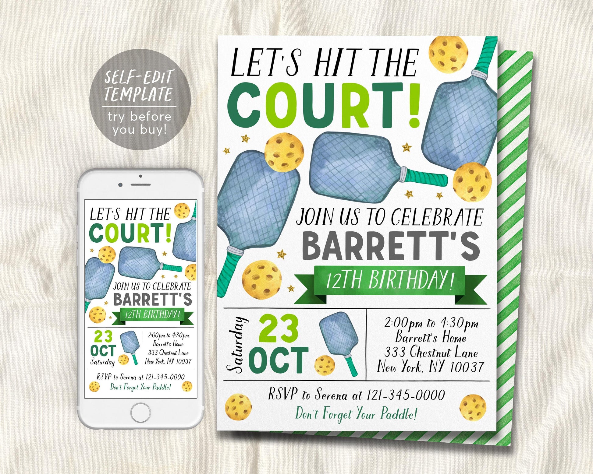 Pickleball Birthday Invitation Editable Template