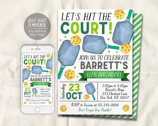 Pickleball Birthday Invitation Editable Template