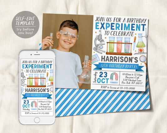 Science Birthday Invitation With Photo Editable Template