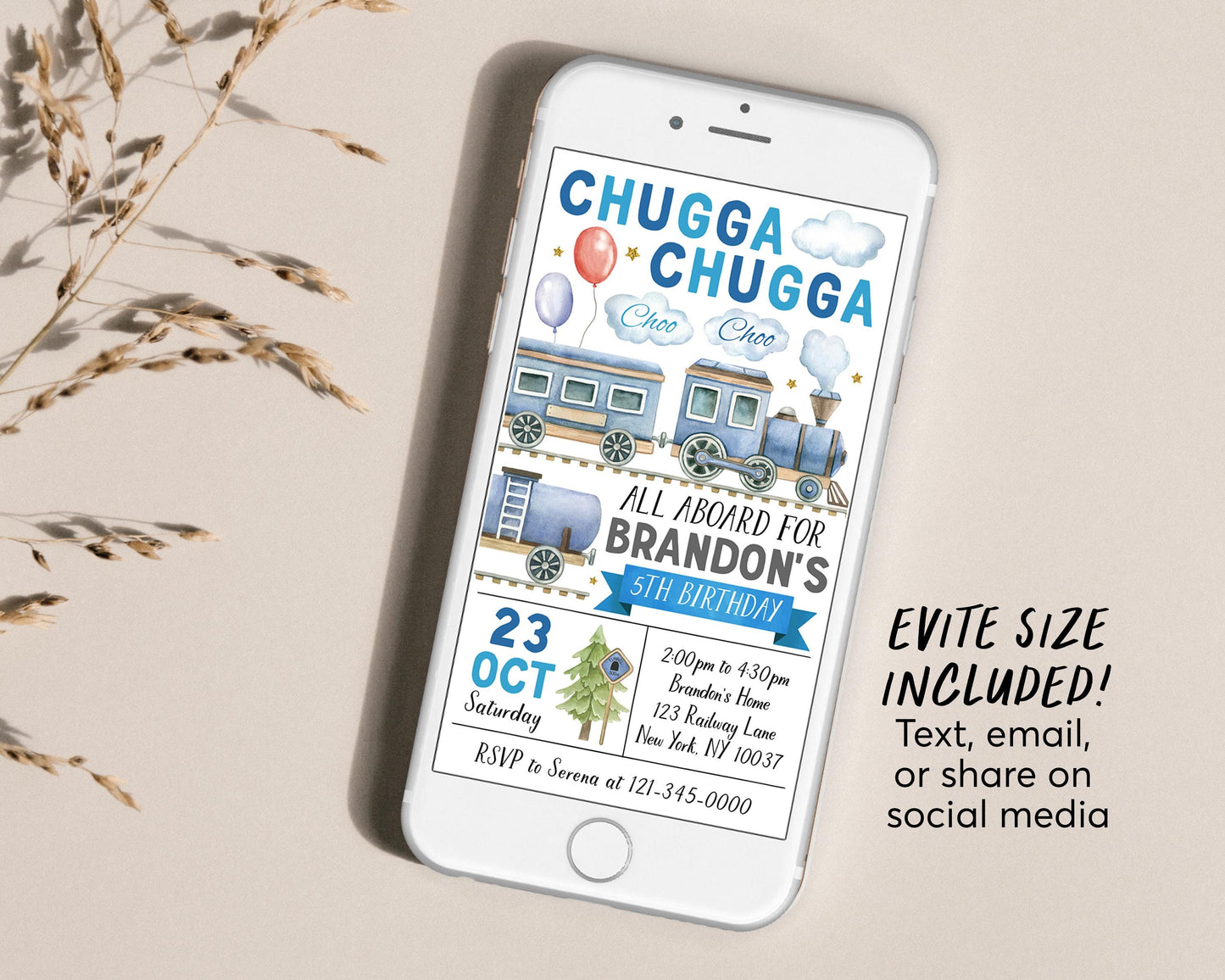 Train Birthday Invitation With Photo Editable Template, Boy Chugga Choo Train Boarding Pass Party Invite, All Aboard Birthday Express Evite