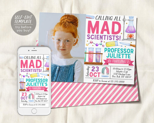 Science Birthday Invitation With Photo Editable Template