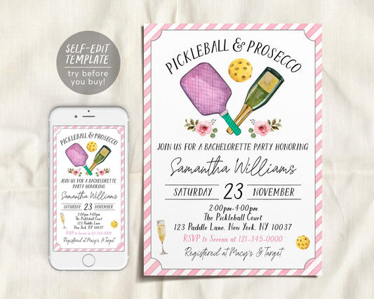 Pickleball and Prosecco Bachelorette Party Invitation Editable Template