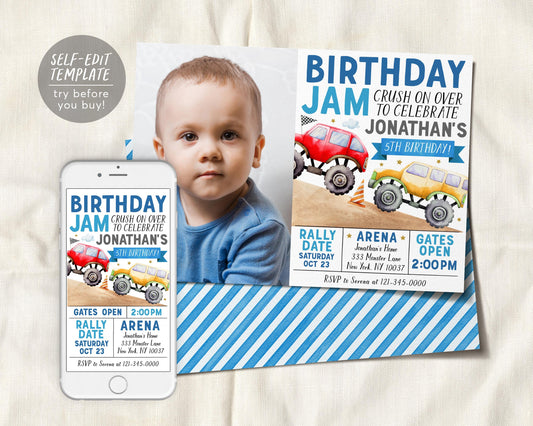 Birthday Monster Jam Birthday Invitation With Photo Editable Template