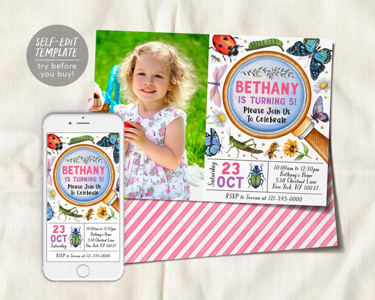 Insect Bugs Birthday Invitation With Photo Editable Template