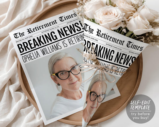 Retirement Newspaper Bouquet Wrap Editable Template