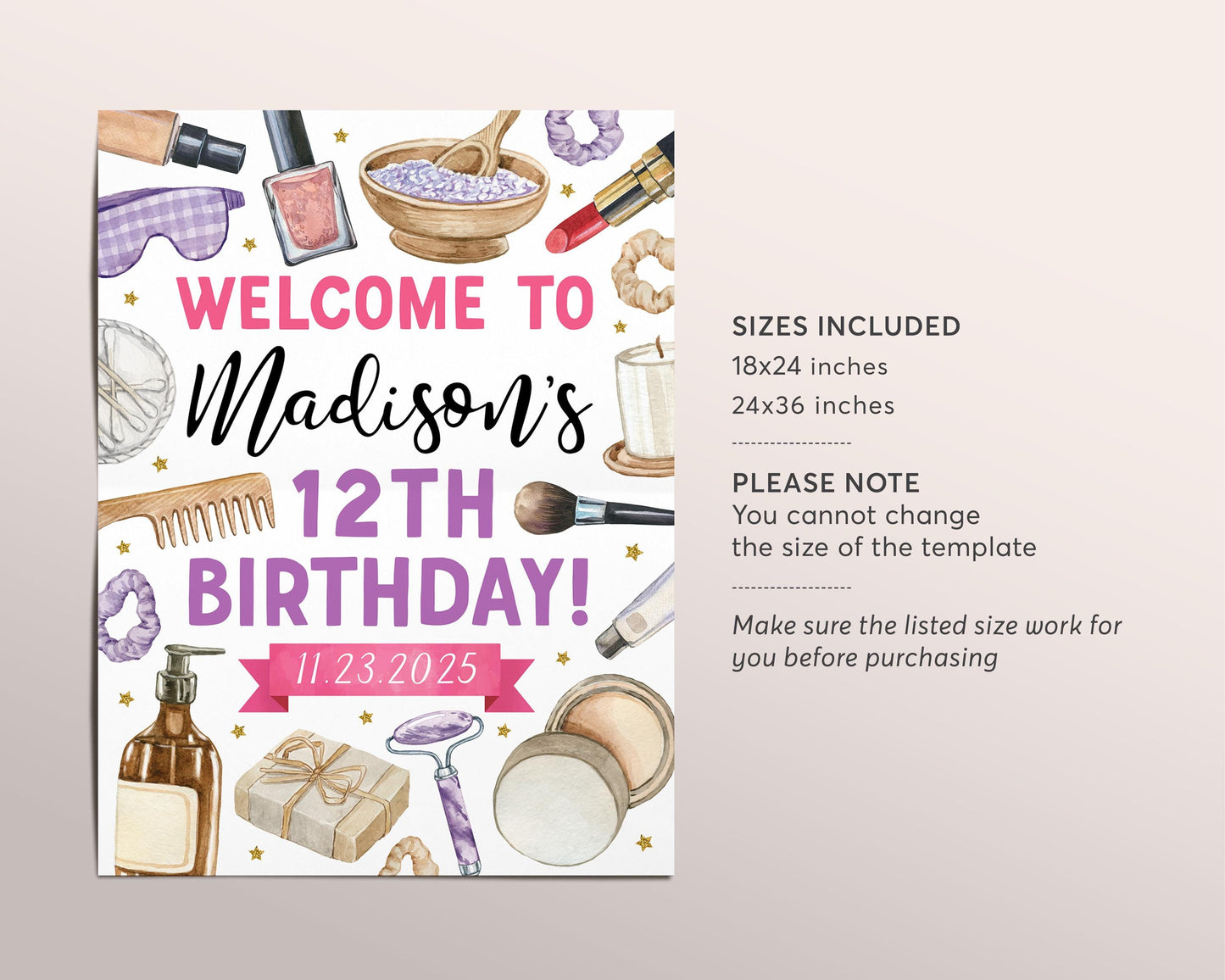 Spa Party Birthday Welcome Sign Editable Template, Pamper Party Facial Mani Pedi Poster, Spa Day Glamour Party Makeover Makeup Glam Banner