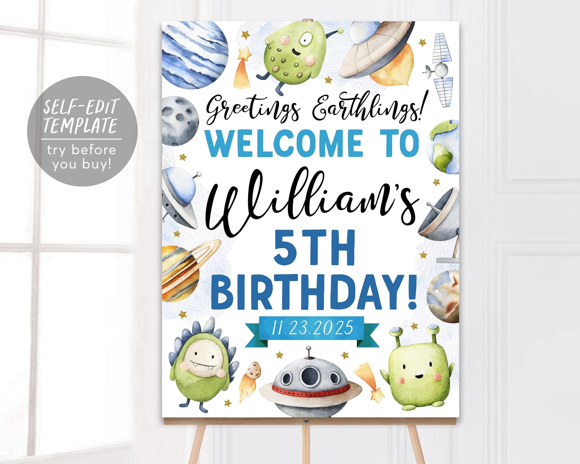 Alien Birthday Party Welcome Sign Editable Template